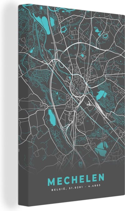 Canvas Schilderij België – Mechelen – Stadskaart – Kaart – Blauw – Plattegrond - 20x30 cm - Wanddecoratie