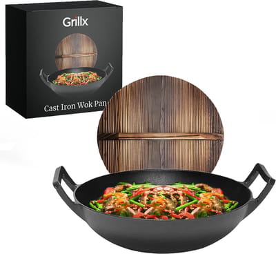 Grillx Wokpan Gietijzer - Met Houten Deksel - Ø 36cm - Gietijzeren Wadjan - BBQ & Inductie Pan - PFAS Vrij - Wokpannen
