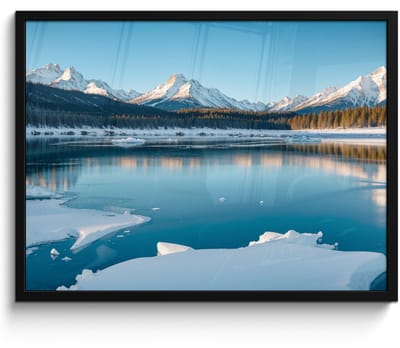 Poster in lijst - Fotolijst 70x50 cm - Posters - Landschap - Winter - Meer - Bergen - Uitzicht - IJs - Posterlijst zwart - Decoratie - Wanddecoratie woonkamer - Muurdecoratie slaapkamer