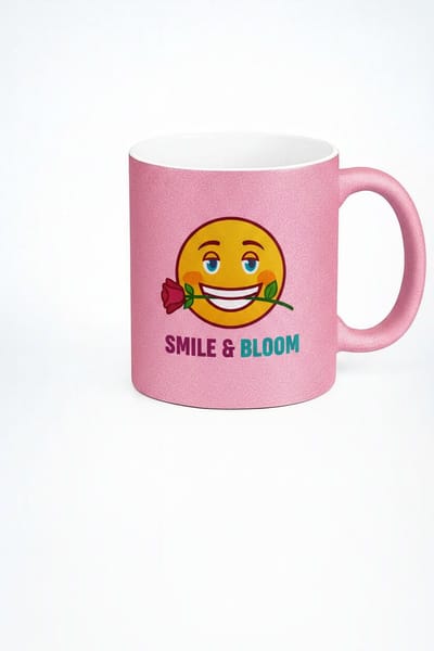 Roze Glitter Mok 'Smile & Bloom' met Lachende Emoji en Roos | Uniek Cadeau