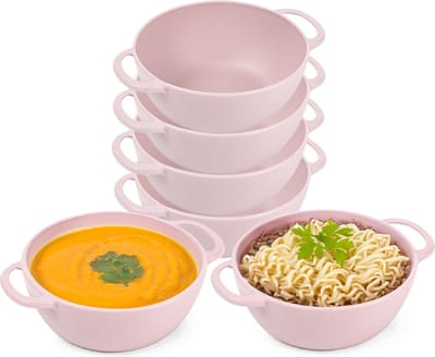 Plasticforte Soepkommen met hengsels - 8x - Campinglife - kunststof - D11 x H5 cm - 370 ml - roze - stapelbaar - onbreekbaar