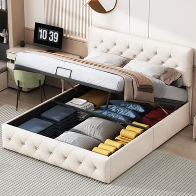 Modern gestoffeerd bed 140x200cm met hydraulische opbergrail, verdikt hoofdbord, voor appartement en slaapkamer, fluweel, beige