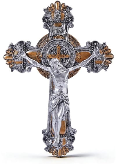 Dailygoods- Kruisbeeld Klassiek Ontwerp - Sint-Benedictus Medaille - Antiek Zilver/Goud - Muurdecoratie - Religieuze Geschenken - 26x18.4cm - Religieus Beeld