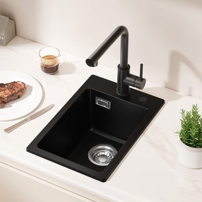 Cecipa MAX Spoelbak Keuken 30x45 cm - Gootsteen Zwart - Kwartsiet Composiet Spoelbak - Enkele Wasbak Met Kraangat - Inclusief Sifon