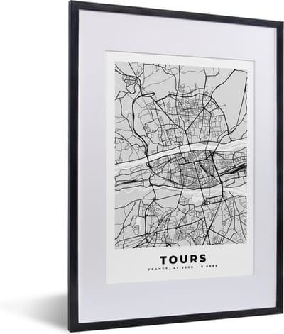 Fotolijst incl. Poster - Frankrijk - Plattegrond - Kaart - Tours - Stadskaart - 30x40 cm - Posterlijst