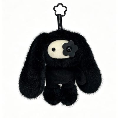 Peluche Lapin JuJu Mignonne Lapin Oreilles Longues Peluche Cadeau Lapin Yeux Fleurs Adorables Porte-clés Pendentif Sac à Dos Breloques Cadeaux Anniversaire Fans black