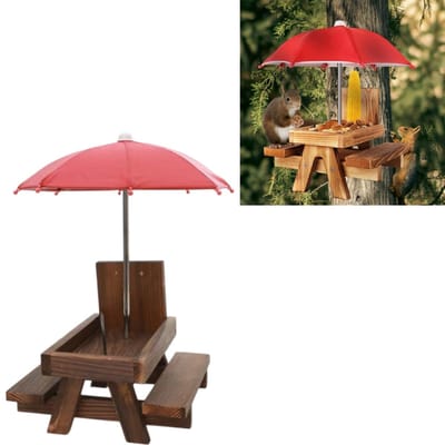 Voederbak voor eekhoorns met parasol - Picknicktafelmodel - Voederbak voor chipmunks - Voederbak voor maïs - 21 × 17,8 × 21,6 cm - Geschikt voor gebruik op het terras - Felrood