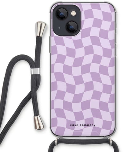 Case Company® - Hoesje met koord geschikt voor iPhone 13 hoesje met Koord - Grid Paars - Telefoonhoesje met Zwart Koord - Bescherming aan alle Kanten en Over de Schermrand