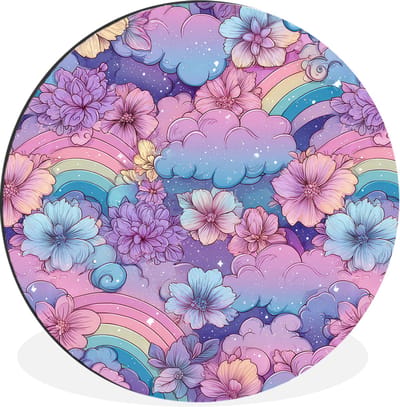 WallCircle - Wandcirkel - Muurcirkel - Regenbogen - Bloemen - Kleurrijk - Wolken - Aluminium - Dibond - 30x30 cm - Binnen en Buiten