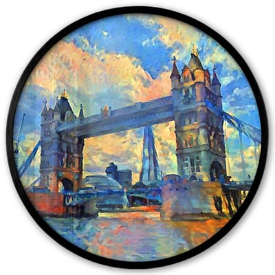 Poster in lijst Rond - Fotolijst 40x40 cm - Posters - Schilderij - Londen - Brug - Olieverf - Ronde posterlijst zwart - Decoratie - Wanddecoratie woonkamer - Muurdecoratie slaapkamer