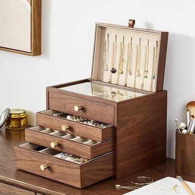 Sieradenbox van Walnoot Hout met Glazen Deksel, 4-Lagen en Uittrekbare Organizer voor Diverse Sieraden en Cadeaus voor Haar