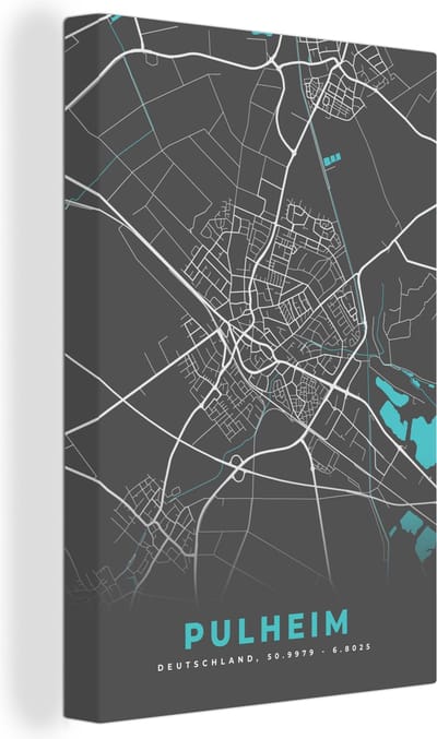 Canvas Schilderij Kaart – Plattegrond – Stadskaart – Pulheim – Duitsland – Blauw - 20x30 cm - Wanddecoratie
