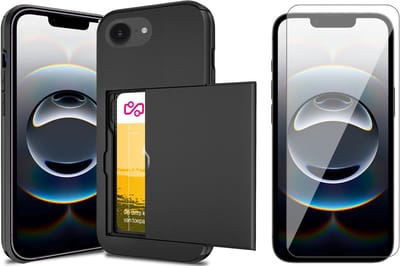 Hoesje met Pasjeshouder geschikt voor iPhone 16e - Screen Protector GlassGuard - Back Cover SlideCase Zwart & Screenprotector