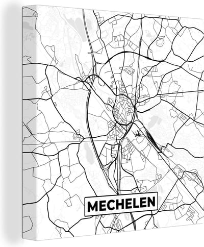 Canvas Schilderij België – Mechelen – Stadskaart – Kaart – Zwart Wit – Plattegrond - 20x20 cm - Wanddecoratie
