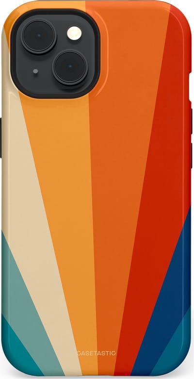 Casetastic hoesje geschikt voor Apple iPhone 15 - MagSafe - Dubbellaagse bescherming - Retro straal - Fashion Case - Oranje Okergeel Petrol Rood