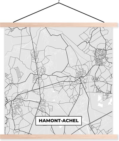 Posterhanger incl. Poster 40x40 cm - Schoolplaat - Kaart – Plattegrond – Stadskaart – Hamont Achel – België – Zwart Wit - Textielposter - Blanke latten - Stadskaart