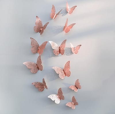 3D Rose/Gouden Muurstickers - Elegante Set van 12 Vlinderstickers in 3 Maten - Wand decor - Kamer versiering - 3D vlinders