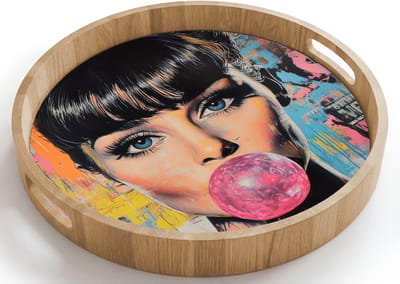 Dienblad rond 40x40 cm - Schootdienblad hout - Kauwgom - Vrouw - Penseelstreken - Modern - Borrelplank rechthoek - Plateau houten dienbladen