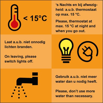 Energie besparen tekststicker, NL-EN 100 x 100 mm