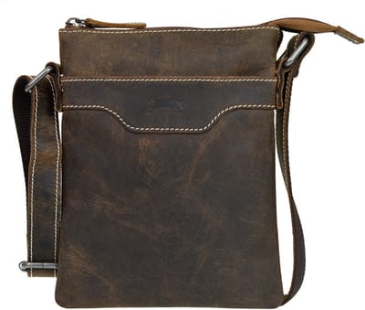 Kleine Leren schoudertas heren Buffelleer Bruin - Platte heren tas - Veel vakken - Crossbody tas heren leder - Nektas heren zwart