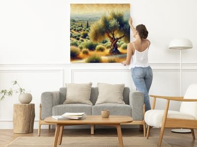 Olieverf olijfboom schilderij | Levendige olijfboom: een weelderig kunstwerk in olieverf | Kunst - 100x100 centimeter op Dibond | Foto op Dibond