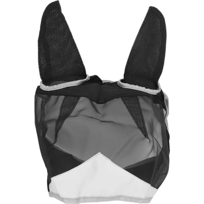 Couvre-tête pour cheval Maille fine Protection contre les mouches Respirant Empêche les piqûres Avec oreilles Long nez Noir avec Gris M black