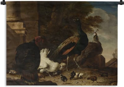 Wandkleed Melchior d'Hondecoeter - Een hen met pauwen en een kalkoen - Schilderij van Melchior d'Hondecoeter Wandkleed katoen 120x90 cm - Wandtapijt met foto