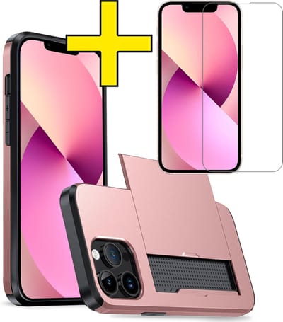 Hoesje Geschikt voor iPhone 14 Pro Max Hoesje Case Pashouder Hard Cover Met Screenprotector - Hoes Geschikt voor iPhone 14 Pro Max Hoesje Met Kaarthouder - Rosé goud