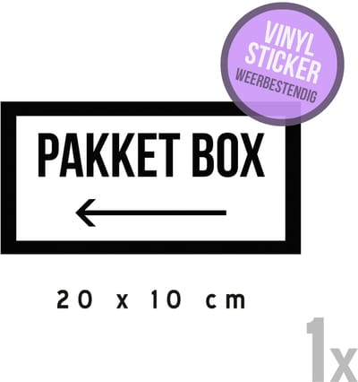 Pictogram/ vinyl sticker | "Pakket box <----" | 20 x 10 cm | Leveringen | Pakjes | DHL | PostNL | Koerier | Bak | Niet thuis | Zelfklever voor buiten | Dropbox | 1 stuk