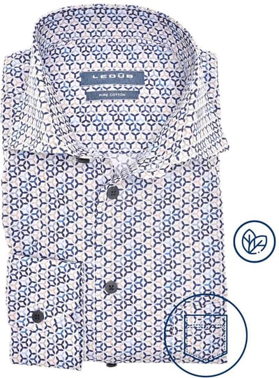 Ledub modern fit overhemd - popeline - wit met blauw en beige dessin - Strijkvriendelijk - Boordmaat: 38 (EU maat: S)