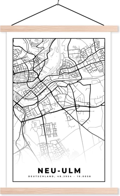 Posterhanger incl. Poster 40x60 cm - Schoolplaat - Plattegrond - Kaart - Neu-Ulm - Stadskaart - Textielposter - Blanke latten - Stadskaart