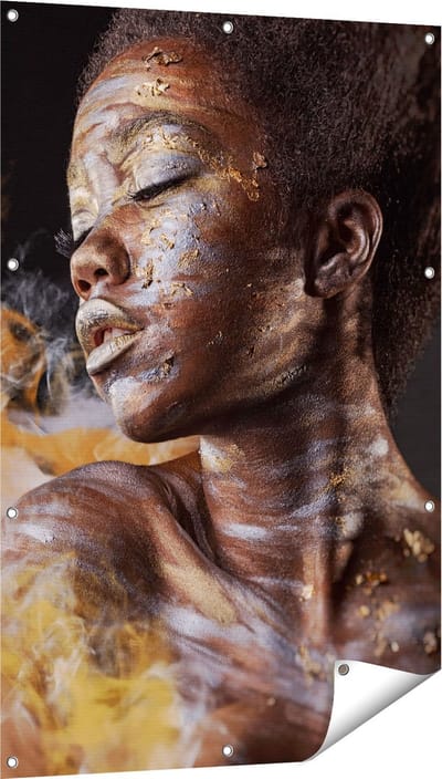 Gards Tuinposter Afrikaanse Vrouw met Zilver en Goud - 80x120 cm - Tuindoek - Tuindecoratie - Wanddecoratie buiten - Tuinschilderij