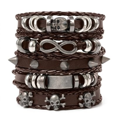 Set van 5 bruine armbanden voor heren – verstelbare PU leren en gevlochten armbanden met metalen details, skulls, studs en infinity symbool – unisex sieradenset