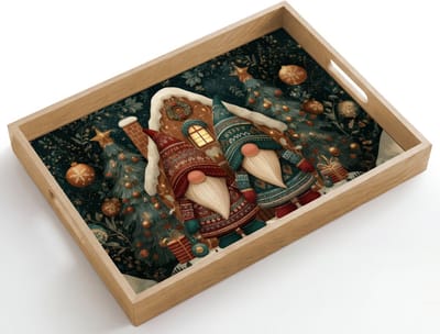 Dienblad hout 50x35 cm - Schootdienblad - Kerst - Gnomen - Peperkoekhuisje - Rood - Groen - Borrelplank rechthoek - Plateau dienbladen