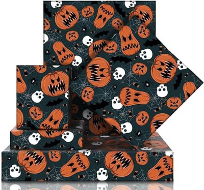 Halloween decoratie-inpakpapier-halloween versiering-20 vellen met enge, grappige oranje Jack-O'-Lantern pompoenen, schedels, zwarte spinnen op witte webvleermuizen, snoeppapiertjes - 20 x 28 inch - voor Halloweenfeestjes, cadeaupapierdecoraties