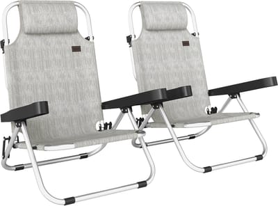 Set van 2 opvouwbare ligstoelen met in 4 standen verstelbare rugleuning en hoofdsteun, aluminium, 62 x 61 x 80 cm, grijs