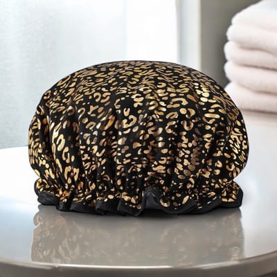 Luxe Grote Douchemuts / Shower cap / Douchekapje / Douche cap voor vol haar / krullen / afro AfricanFabs® - Zwart met Gouden leopard