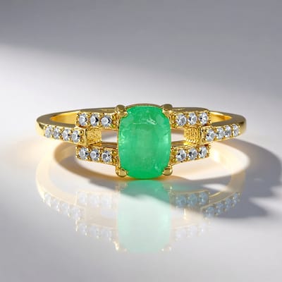 Cavill - Elegante Avondring 925 Sterling Zilver Verguld met 0,923 ct Russische Smaragd & 1,162 ct Cambodjaanse Zirkonen Groen