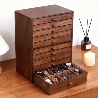 Sieradendoos - Opbergdoos Accessoires - Sieraden Organiseren - 10 Verstelbare Lagen - 46x30x19.5 cm - Walnoot
