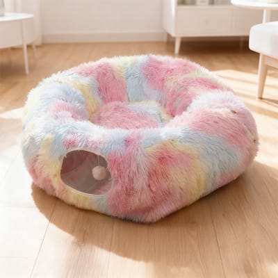 KZQ Kattentunnel Pluche, Speeltunnel voor Katten met Slaapgedeelte, Donut Kattenbed, Interactief Kattenspeelgoed voor Binnen, Kattenhuis, Geschikt voor Grote Katten, Vijf kleuren (85 x 26 cm)