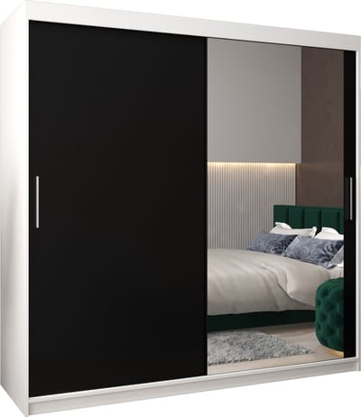 InspireMe - Kledingkast met 2 schuifdeuren, Modern-stijl, Kledingkast met planken (BxHxD): 200x200x62 - TORM II 200 Wit Mat + Zwart