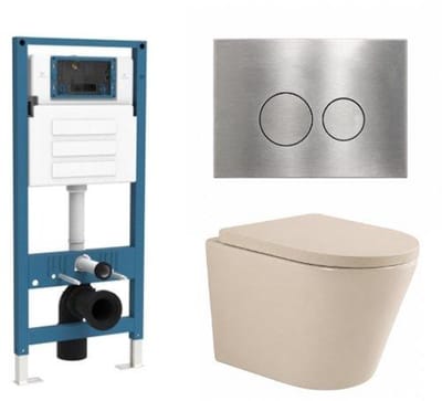 QeramiQ Dely Toiletset - inbouwreservoir Qeramiq Flush - 35mm zitting - metaal RVS bedieningsplaat - ronde knoppen - beige