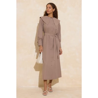 Bruine platte maxi-jurk voor dames, lange casual/dagelijkse A-lijn jurk met hijab