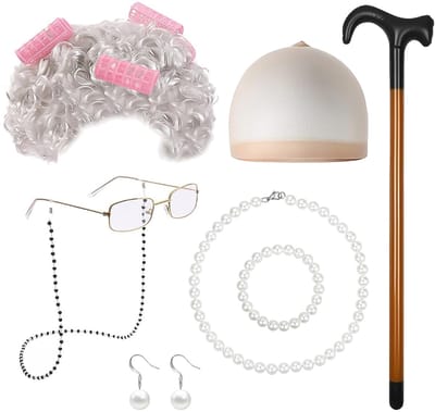 Dailygoods- Cosplay-set voor oudere dames - 7-delige set - Veelkleurig - Inclusief pruik/oorbellen/halsketting/armband/haarnet - Perfect voor Halloween/feestjes/podiumoptredens - Kostuum