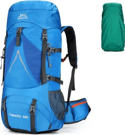 CarryQuest® 60L Wandelrugzak - Waterdichte Hiking Backpack met Regenhoes, Drinksysteem, Schoenopbergvak & Heupvakken - Lichtblauw