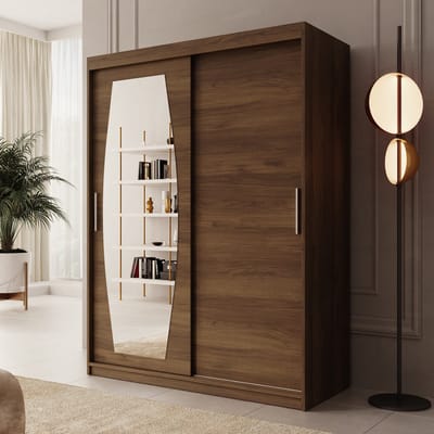 Meubella - Kledingkast Azai - Walnootpatroon - 150 cm - Met spiegel