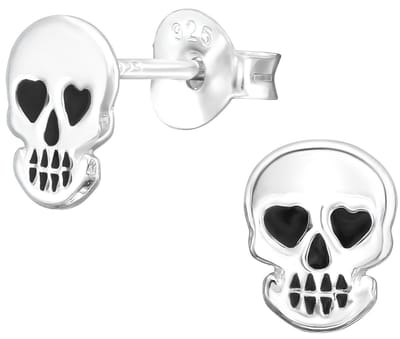 Joy|S - Zilveren skull schedel oorbellen - 6 x 7 mm - doodskop oorknoppen - met hartjes oogjes - zilver met zwart - kinderoorbellen