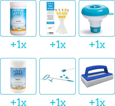 Zwembad Onderhoudspakket - Onderhoud Zwembad - bevat Chloor - Testrips - Chloordrijver - Chloor - Schoonmaakset en Scrubborstel (6-delig)