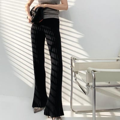 Casual Dikke Gebreide Vrouwen Broek Elastische Hoge Taille Losse Vrouwelijke Wijde Pijpen Broek Lange Broek Herfst Winter Gestreepte Pantalon One size