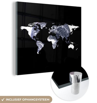 ® Glasschilderij 90x90 cm - Schilderij acrylglas - Wereldkaart - Zwart - Wereldbol - Foto op glas - Muurdecoratie woonkamer - Wanddecoratie slaapkamer - Schilderijen